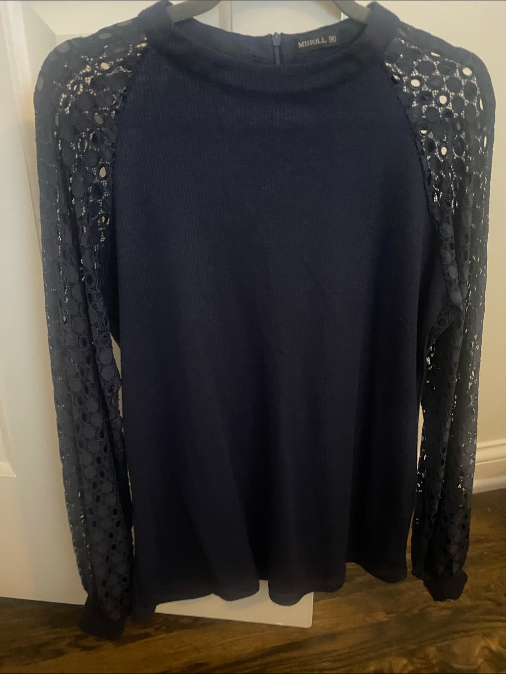 MiHOLL Navy Crochet-Sleeve Crewneck Sweater Top